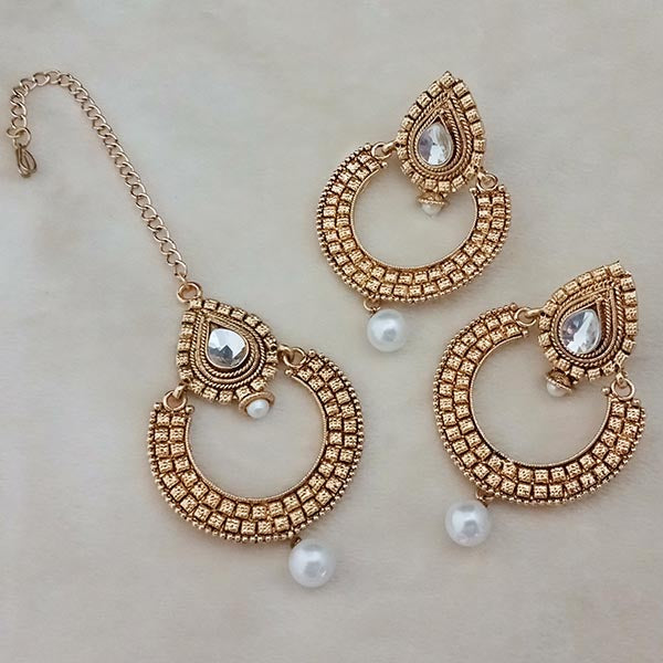 Shreeji Kundan Stone Gold Plated Earrings With Maang Tikka