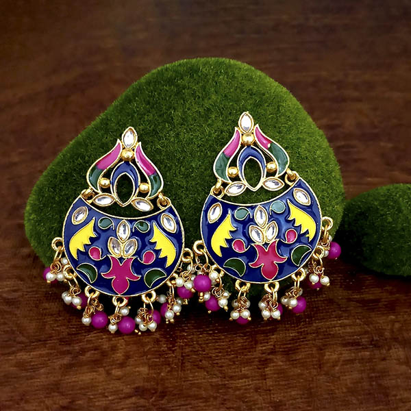 Kriaa Blue Meenakari And Beads Kundan Dangler Earrings