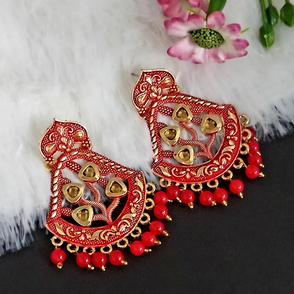 JewelMaze Red Matte Meenakari Dangler Beads Drop Earrings -1318001G