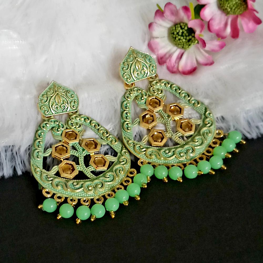 JewelMaze Green Matte Meenakari Dangler Beads Drop Earrings -1318002I