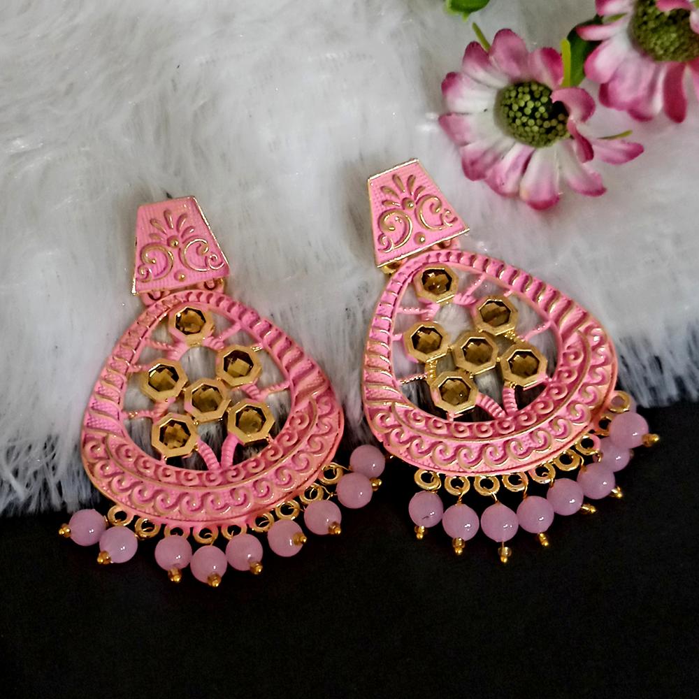 JewelMaze Pink Matte Meenakari Dangler Beads Drop Earrings -1318003C