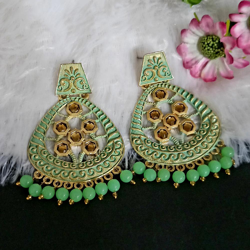 JewelMaze Green Matte Meenakari Dangler Beads Drop Earrings -1318003I