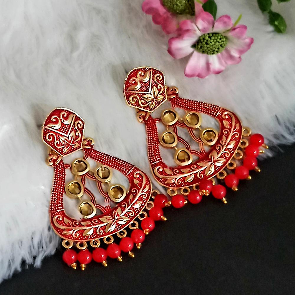 JewelMaze Red Matte Meenakari Dangler Beads Drop Earrings -1318004G