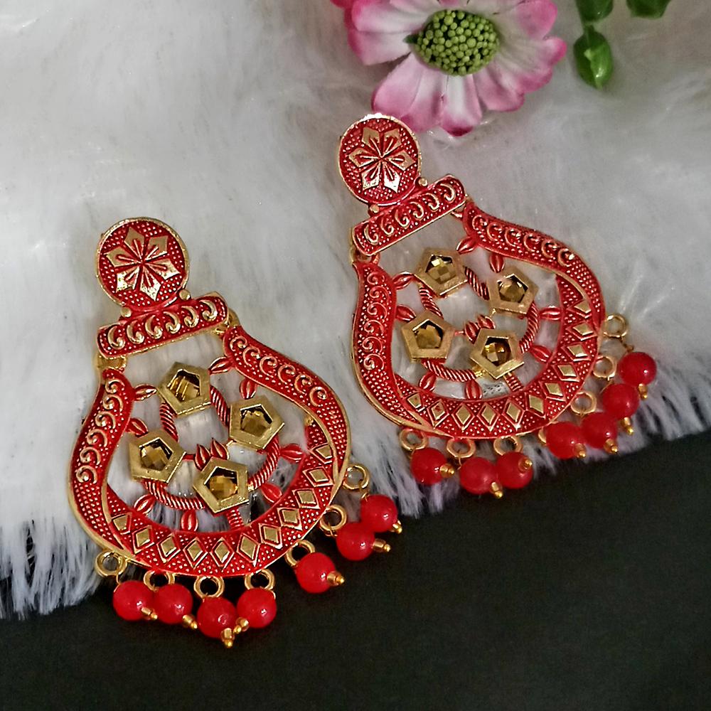 JewelMaze Red Matte Meenakari Dangler Beads Drop Earrings -1318005G