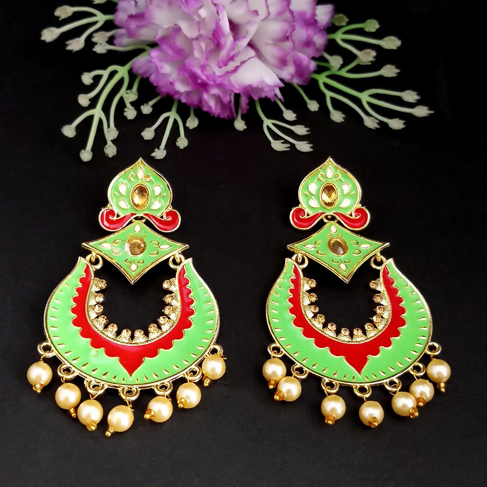 JewelMaze Green Meenakari Kundan Dangler Earrings-1318011K
