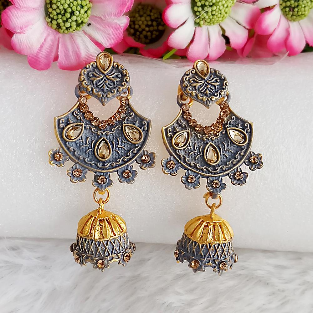 JewelMaze Grey Matte Meenakari Jhumki Earrings -1318061C