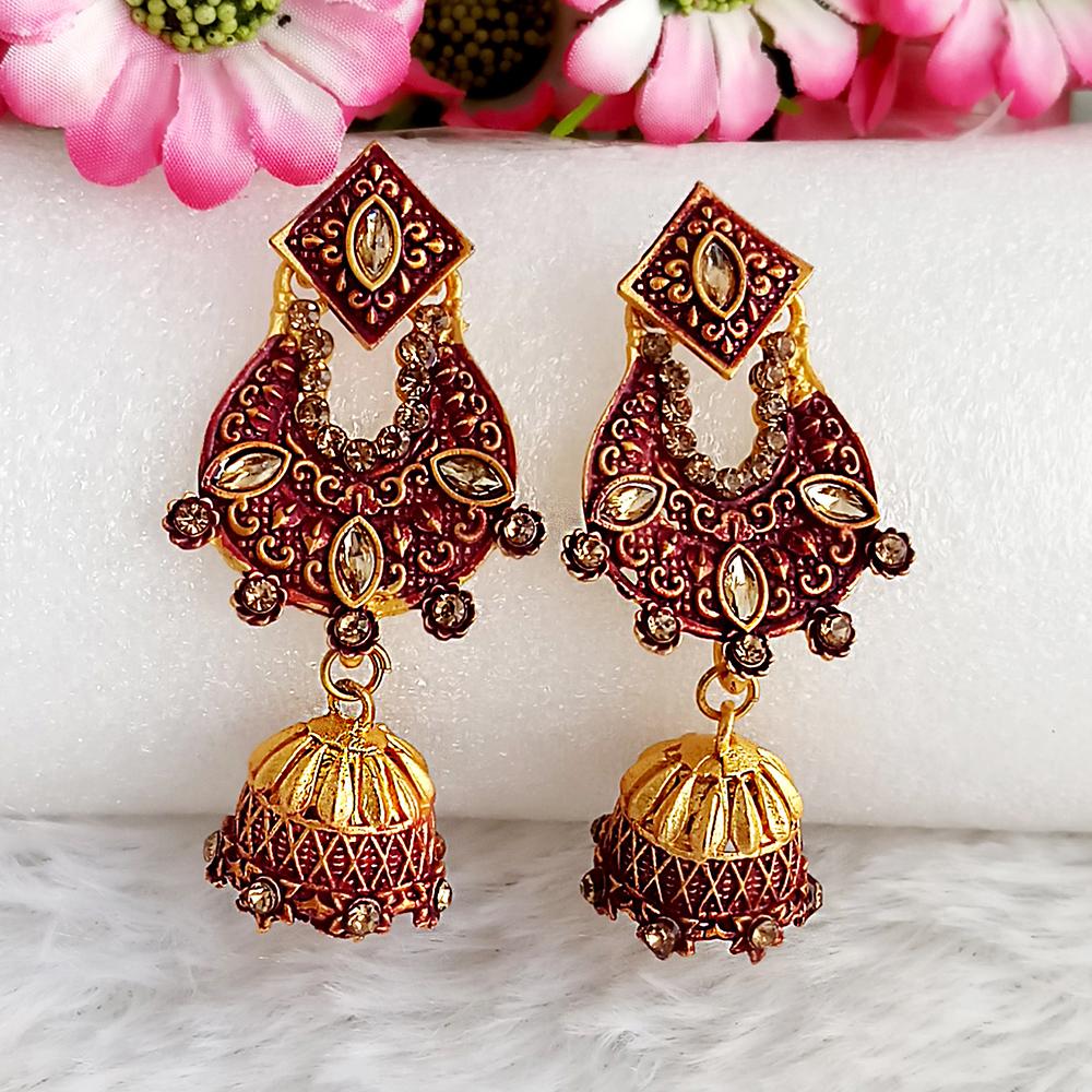 JewelMaze Maroon Matte Meenakari Jhumki Earrings -1318063D