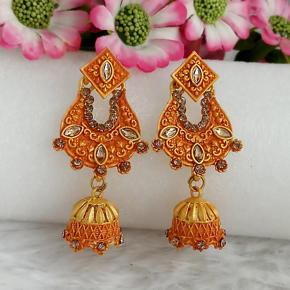 JewelMaze Orange Matte Meenakari Jhumki Earrings -1318063F