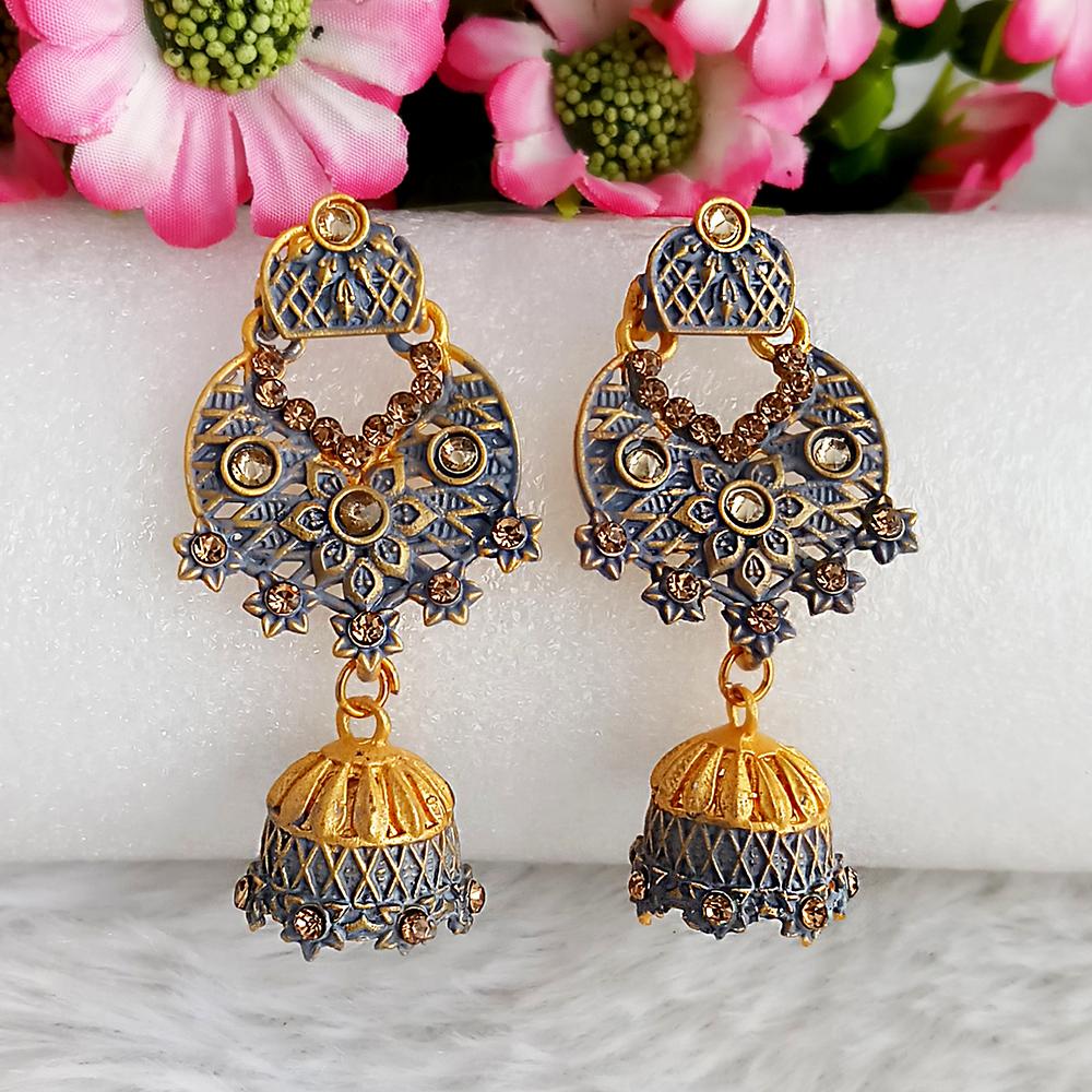 JewelMaze Grey Matte Meenakari Jhumki Earrings -1318065C
