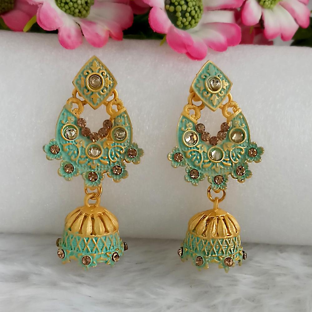 JewelMaze Green Matte Meenakari Jhumki Earrings -1318068B