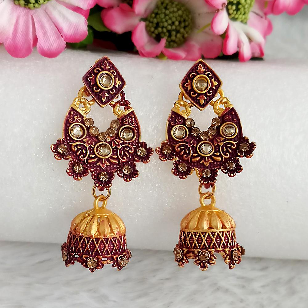 JewelMaze Maroon Matte Meenakari Jhumki Earrings -1318068D