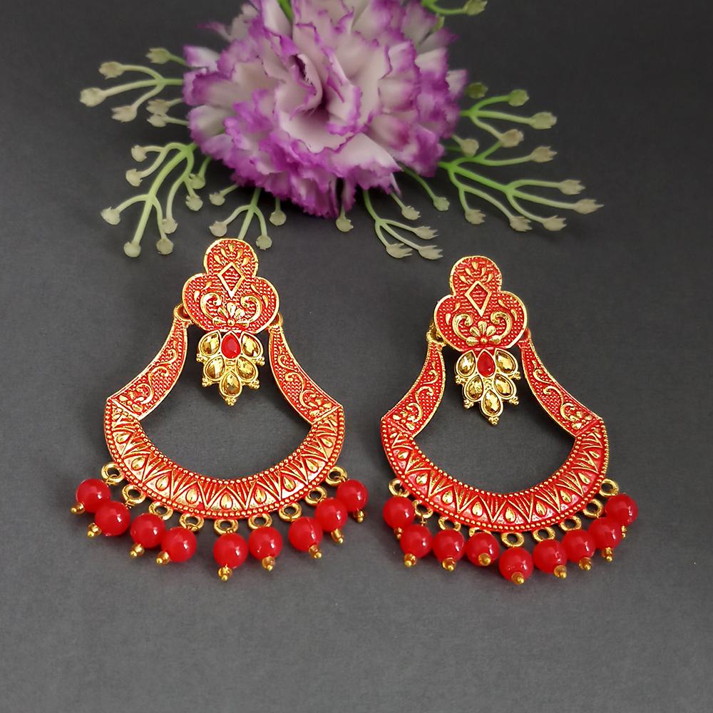 JewelMaze Red Matte Meenakari Designer Dangler Earrings-1318071F