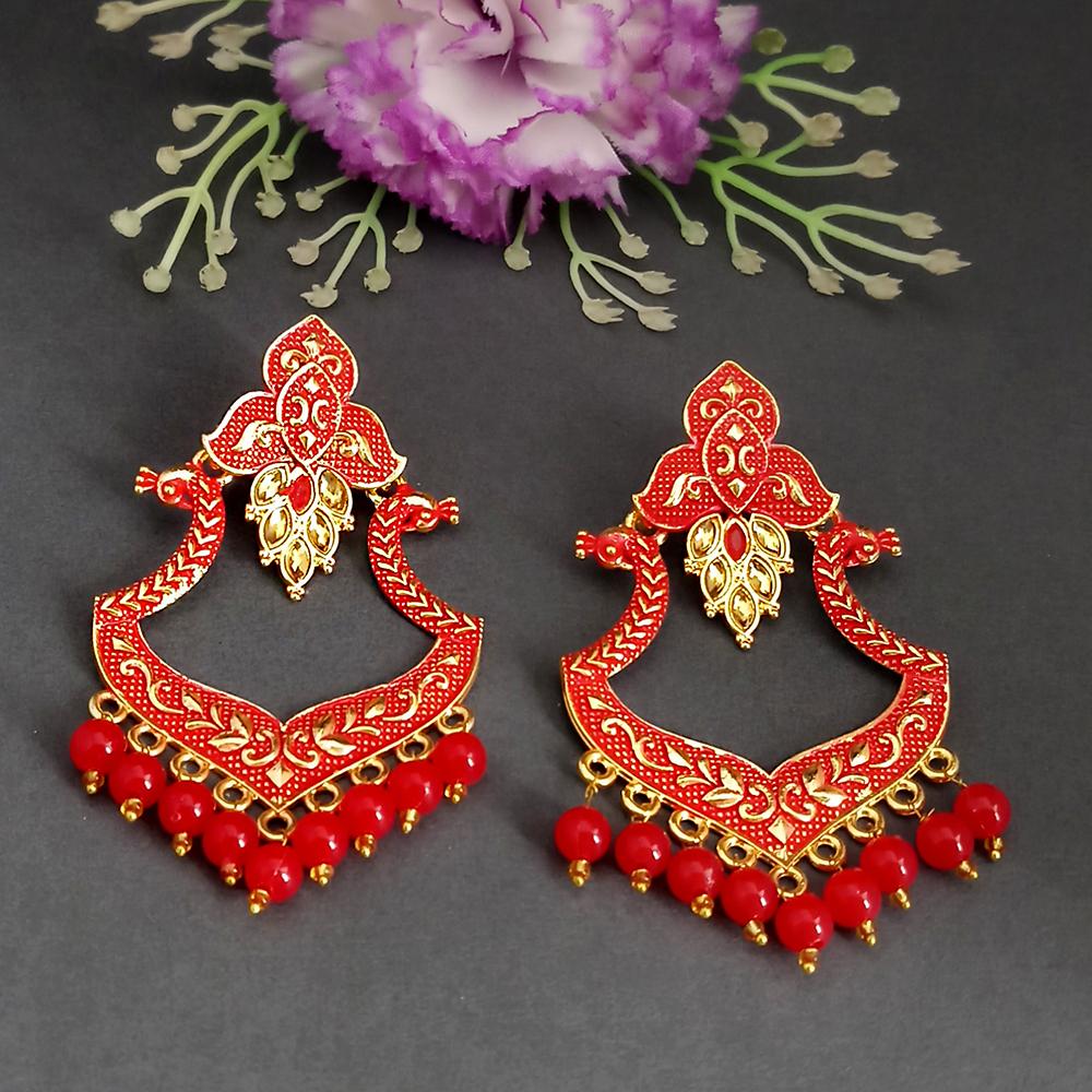 JewelMaze Red Matte Meenakari Designer Dangler Earrings-1318072F