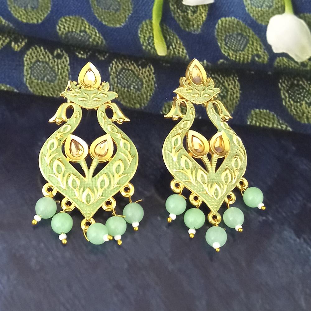 JewelMaze Green Matte Meenakari Dangler Beads Drop Earrings - 1318094B