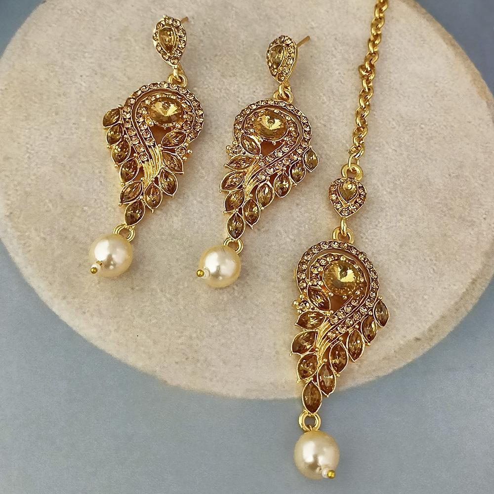 Adi Gold Plated Kundan And Austrian Stone Earrings With Maang Tikka - 1319262