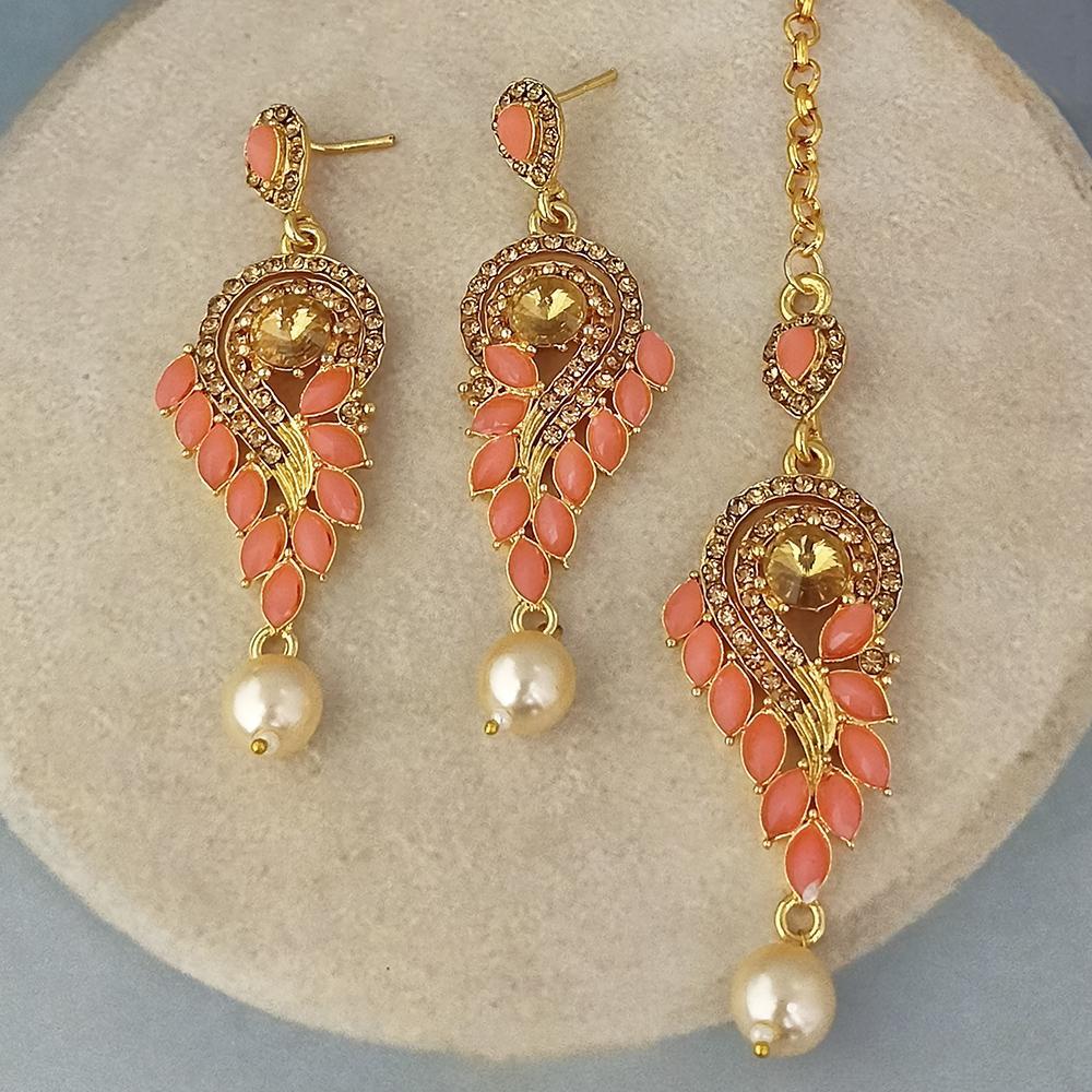 Adi Gold Plated Kundan And Austrian Stone Earrings With Maang Tikka - 1319262
