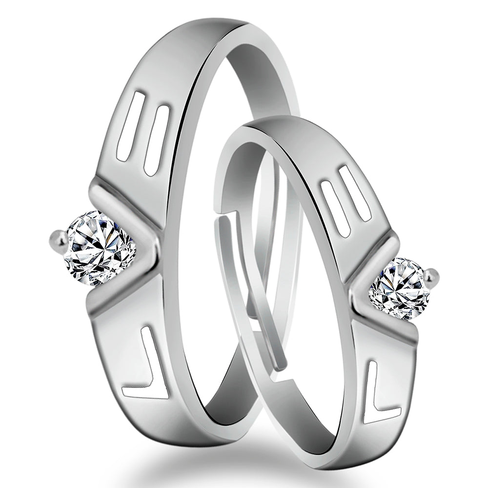 Urbana Rhodium Plated Solitaire Couple Ring Set With Crystal Stone - 1506303