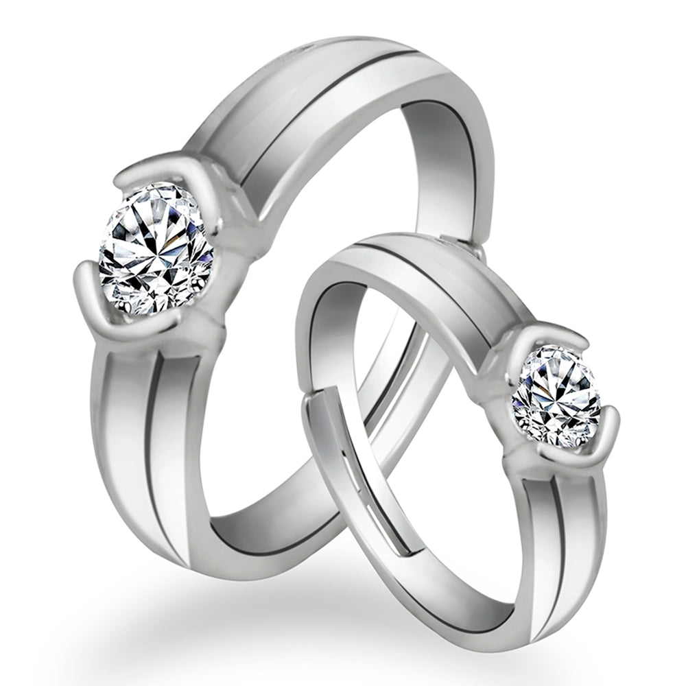 Urbana Rhodium Plated Solitaire Couple Ring Set With Crystal Stone - 1506307