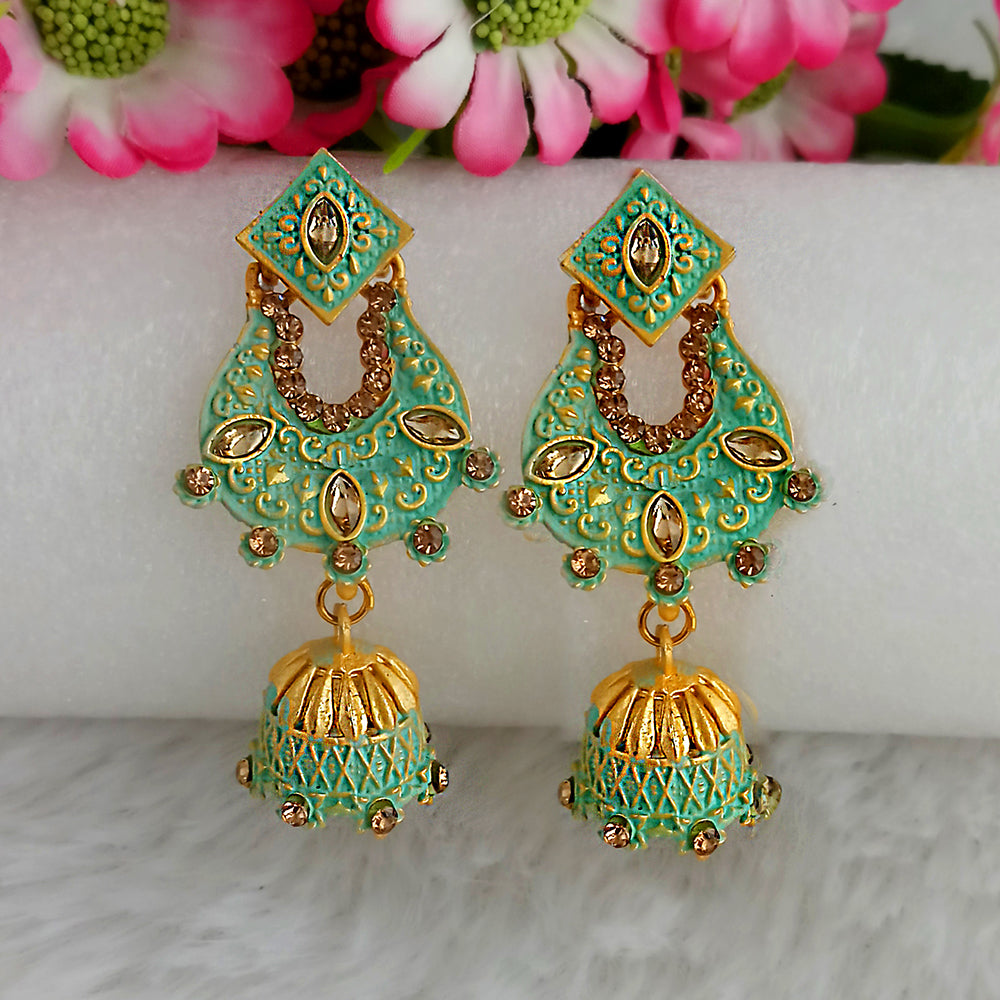 JewelMaze Green Matte Meenakari Jhumki Earrings-1318063b