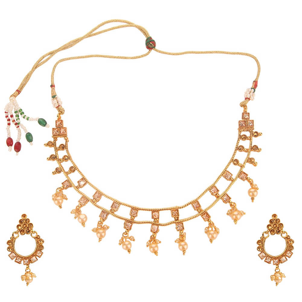 Kord Store 2 String Chain Lct Stone Gold Plated Choker Necklace Set For Women
