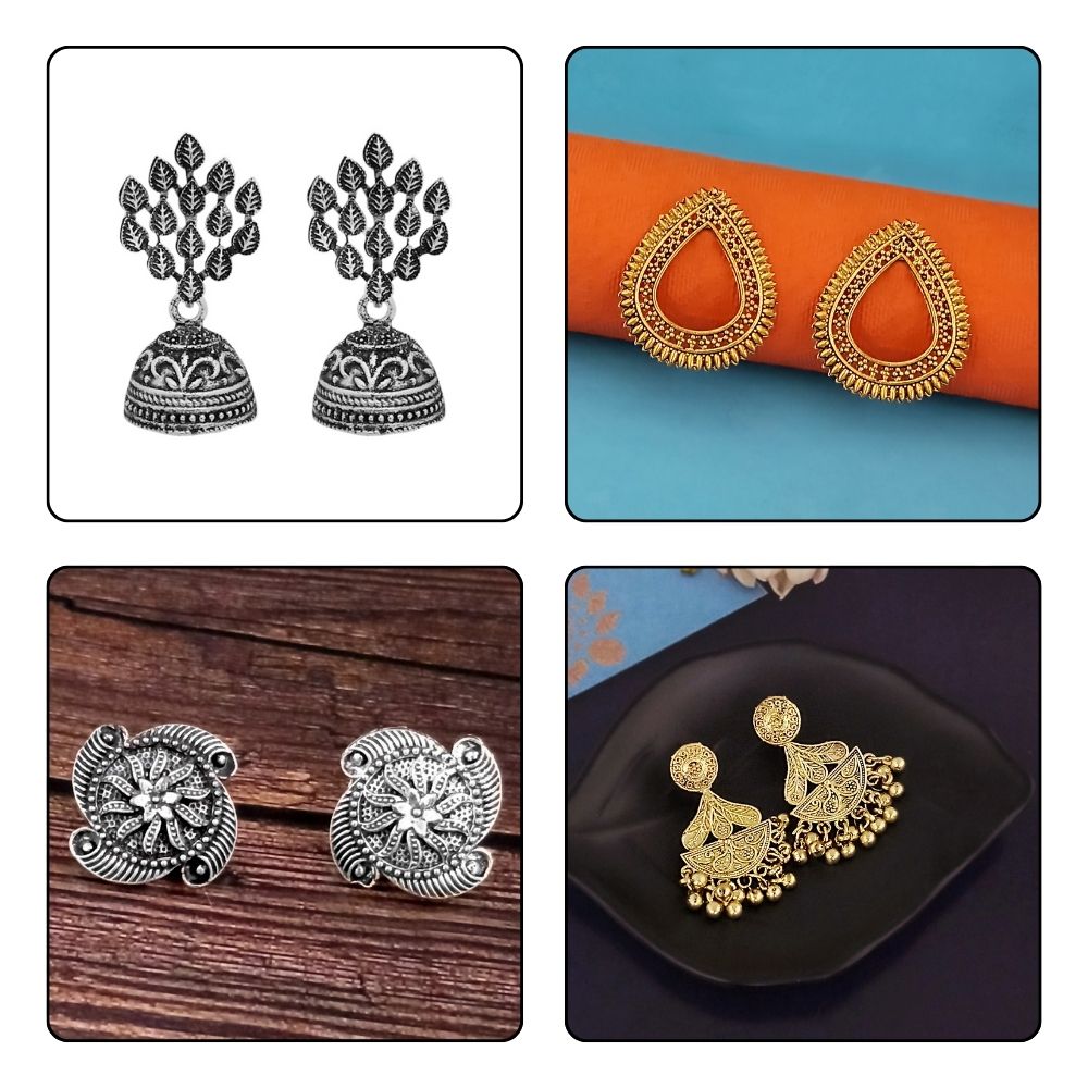 JewelMaze Set of 4 Oxidised Earrings Combo