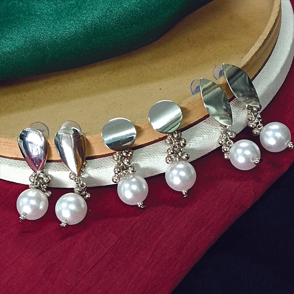 JewelMaze Set of 3 Silver Finish Mirror Stud Pearl Drop Earrings