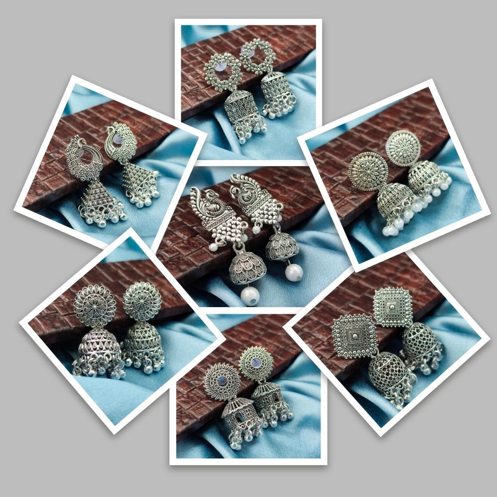 JewelMaze Set of 7 Oxidised Earrings with Latkan Combo for Women