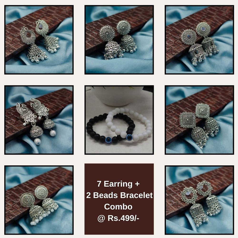 JewelMaze Set of 7 Oxidised Earrings Combo With 2 Bracelet