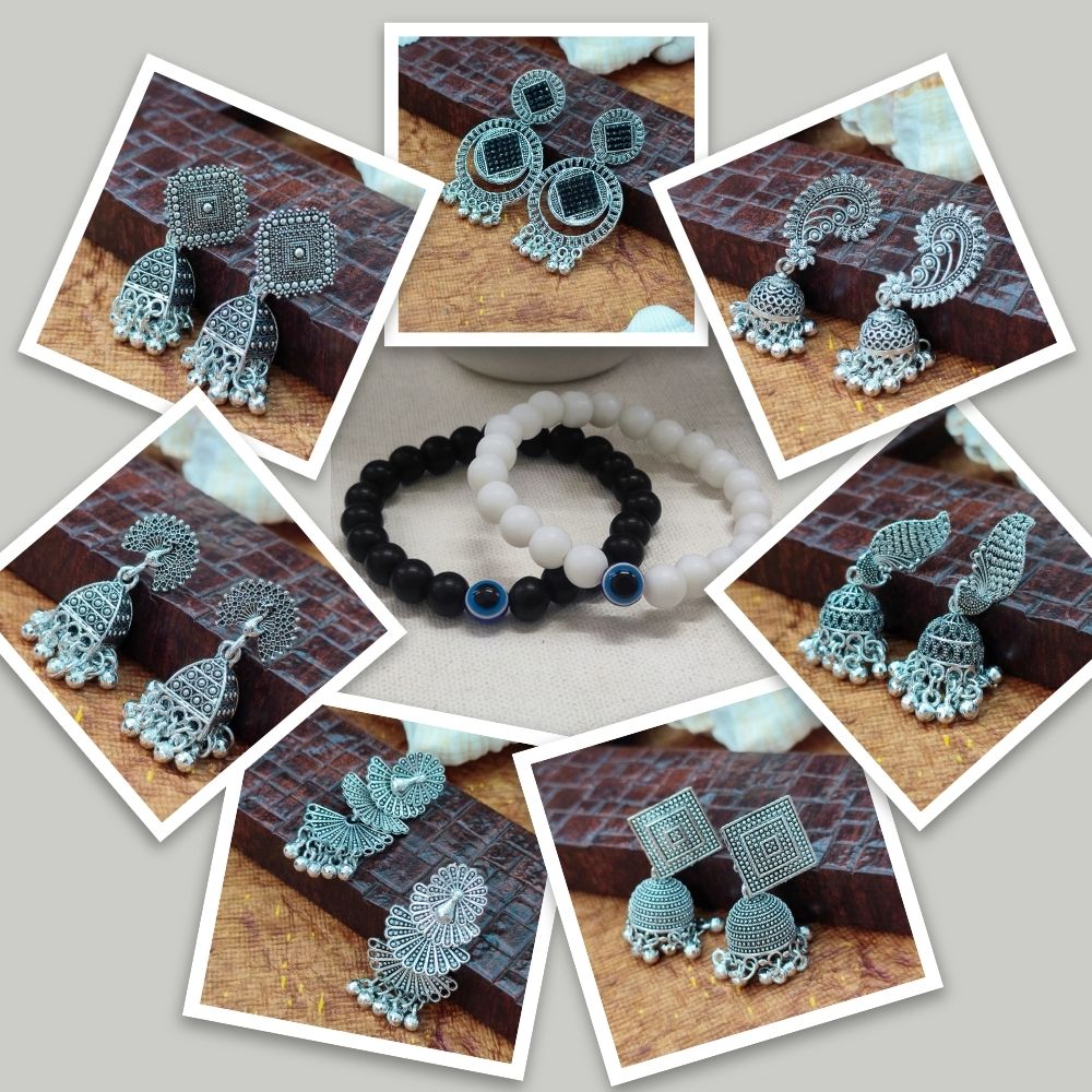 JewelMaze Set of 7 Oxidised Earrings Combo With 2 Bracelet - 1005300