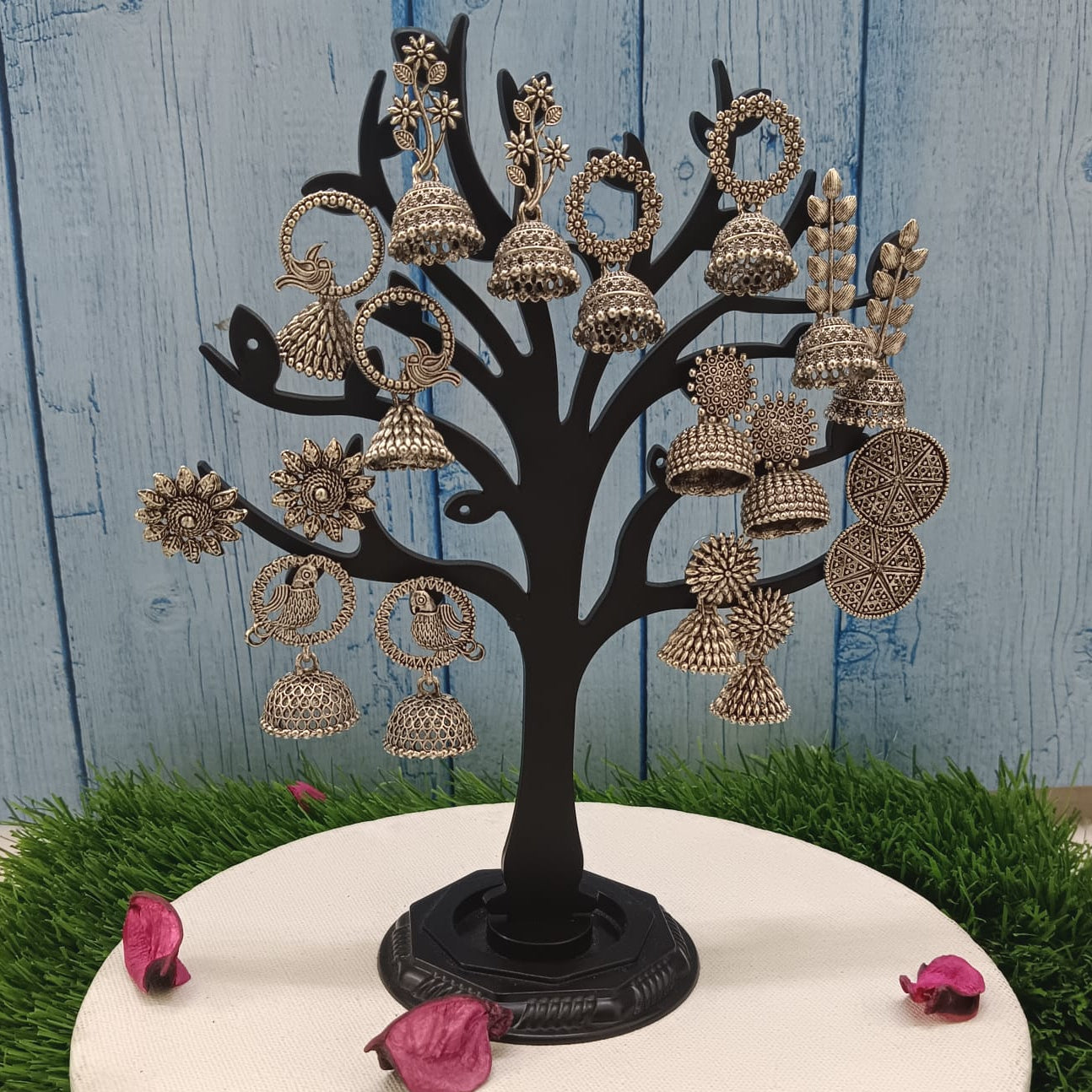 JewelMaze Set of 9 Oxidised Earrings Combo With Tree Stand
