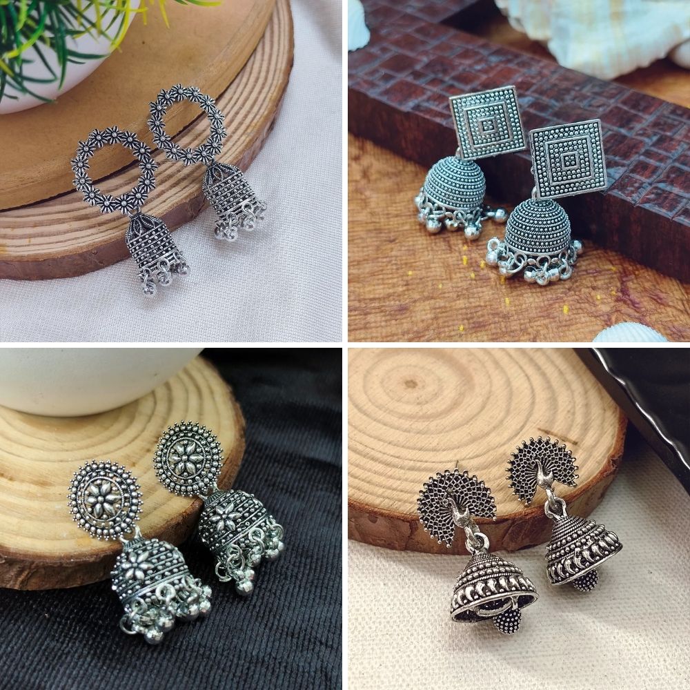 JewelMaze Ethnic Oxidised Earrings Combo Collection (Pack of 4 Pairs)