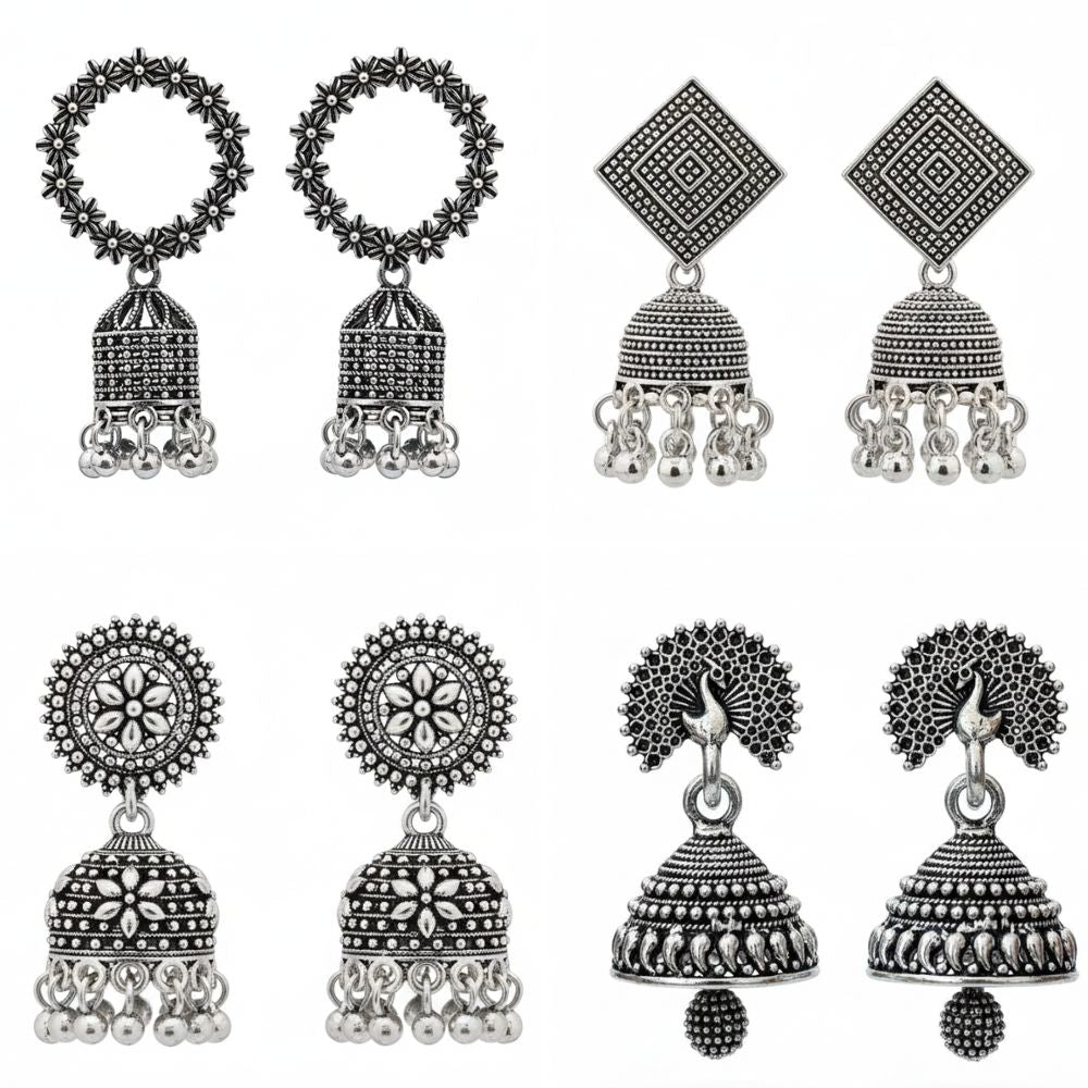 JewelMaze Ethnic Oxidised Earrings Combo Collection (Pack of 4 Pairs)