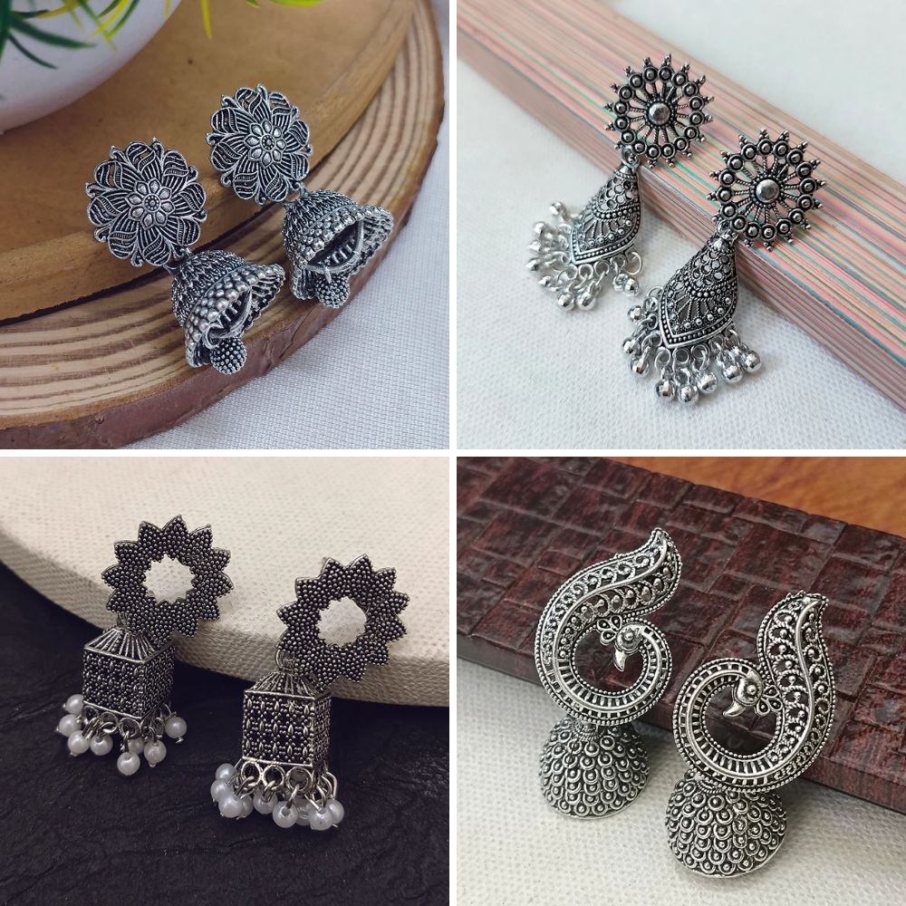 JewelMaze Ethnic Oxidised Earrings Combo Collection (Pack of 4 Pairs)
