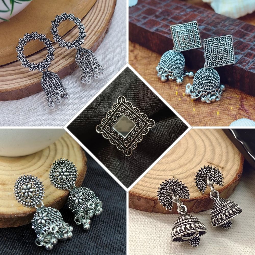 JewelMaze Ethnic Oxidised Earrings Combo (Pack of 4 Pairs plus one Assorted Finger Ring )