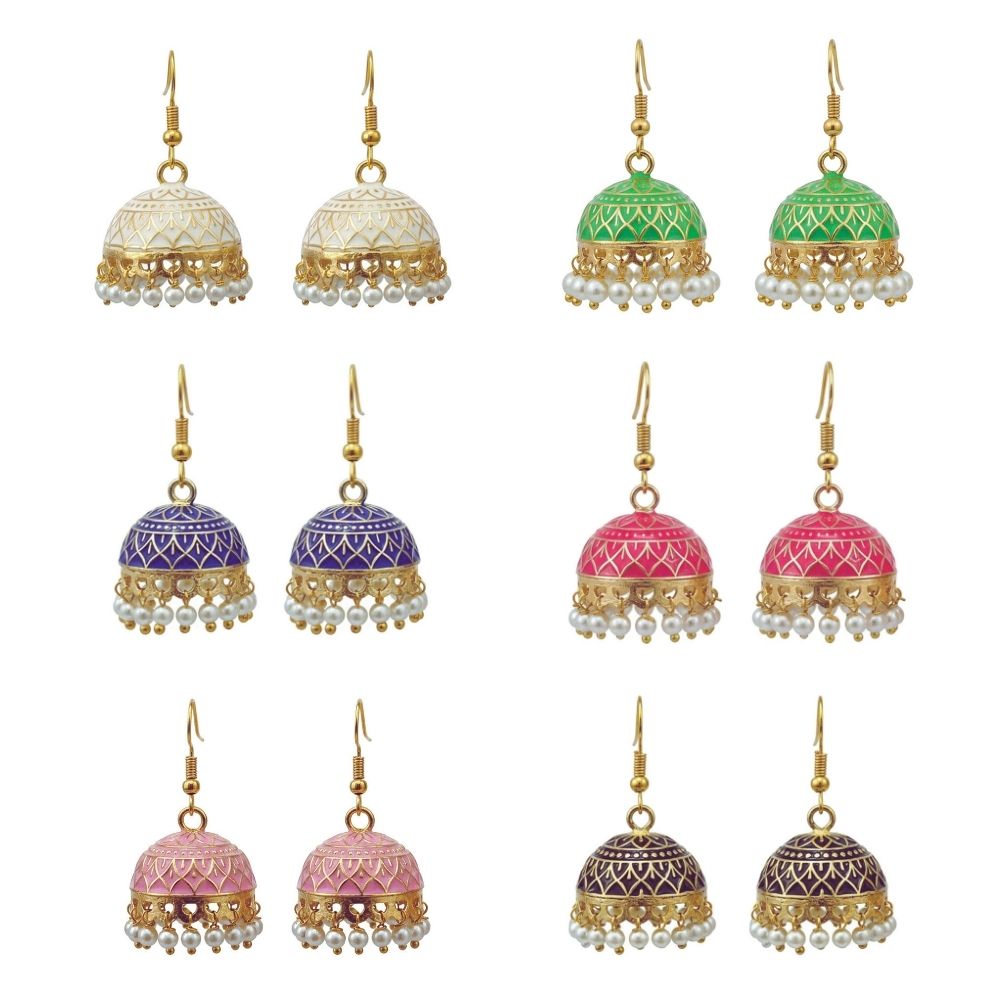 Jewelmaze Traditional Assorted Meenakari Jhumki Earrings Combo – 6 Pairs Set