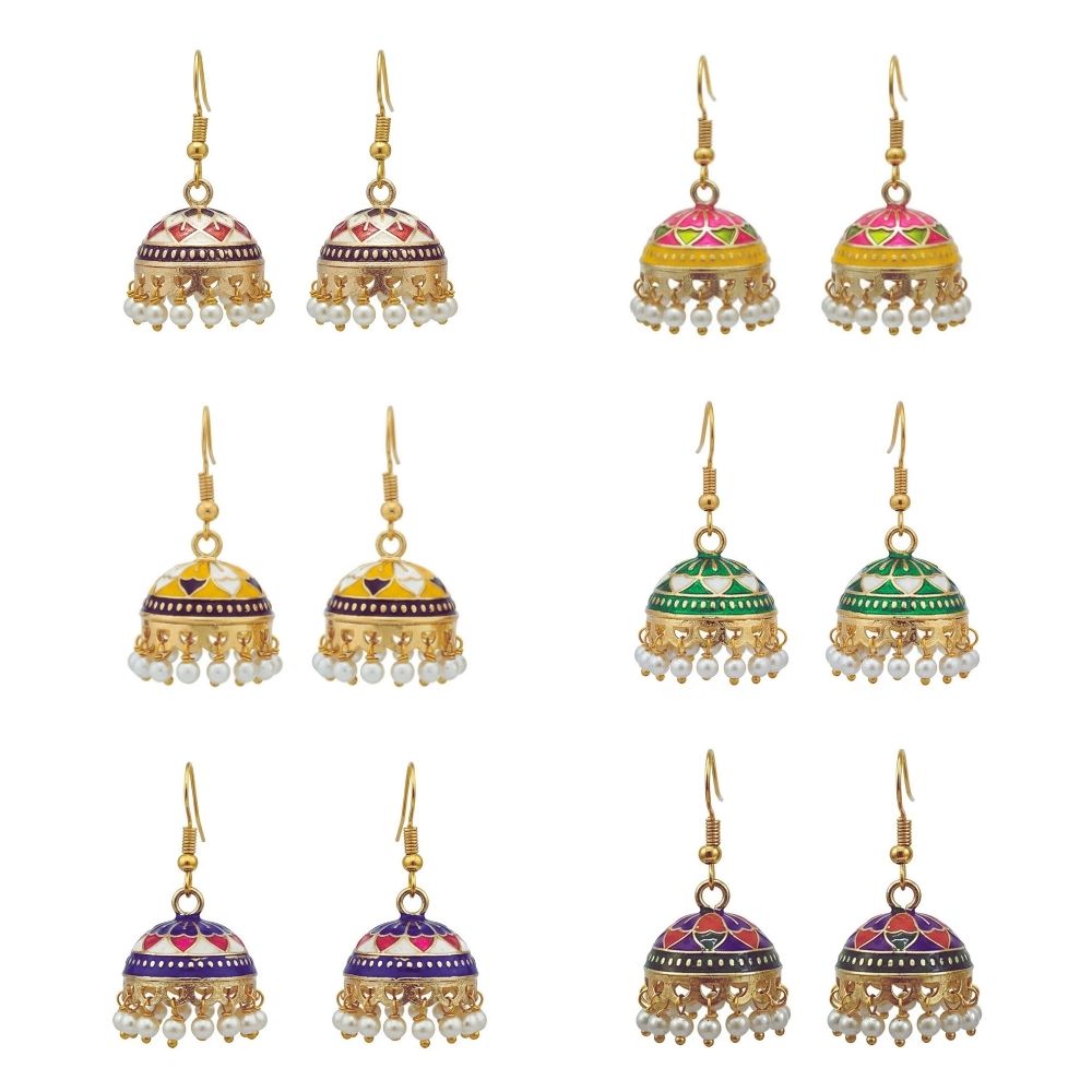 Jewelmaze Traditional Assorted Meenakari Jhumki Earrings Combo – 6 Pairs Set