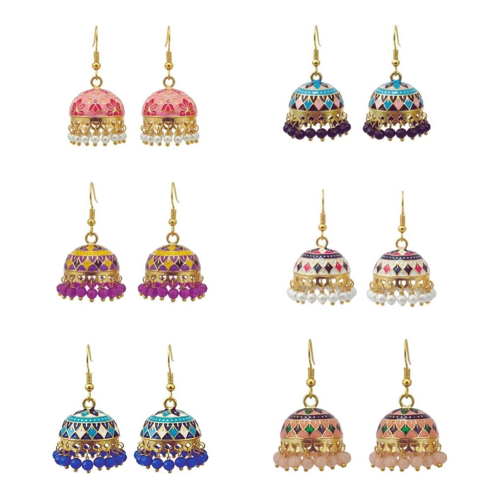 Jewelmaze Traditional Assorted Meenakari Jhumki Earrings Combo – 6 Pairs Set