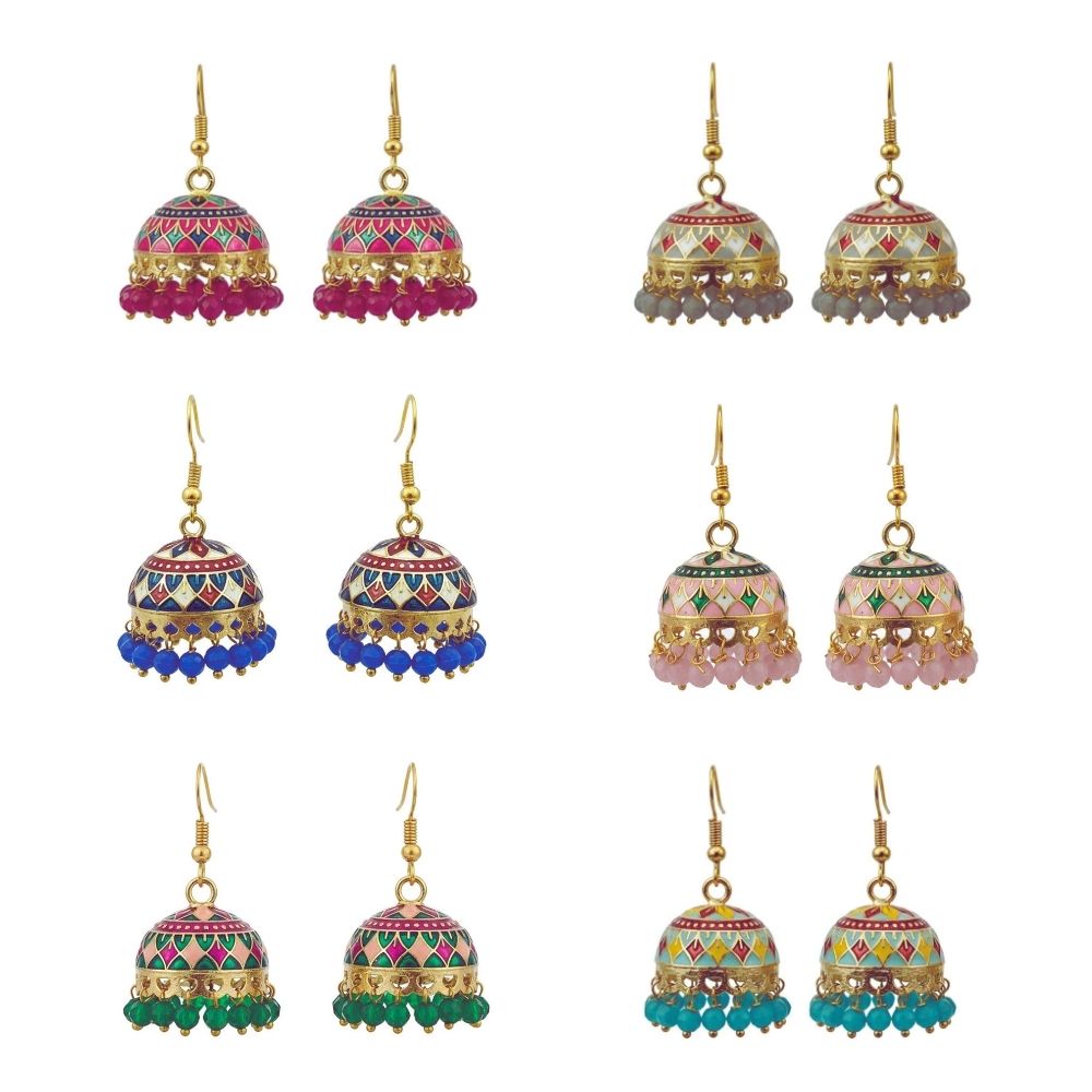 Jewelmaze Traditional Assorted Meenakari Jhumki Earrings Combo – 6 Pairs Set