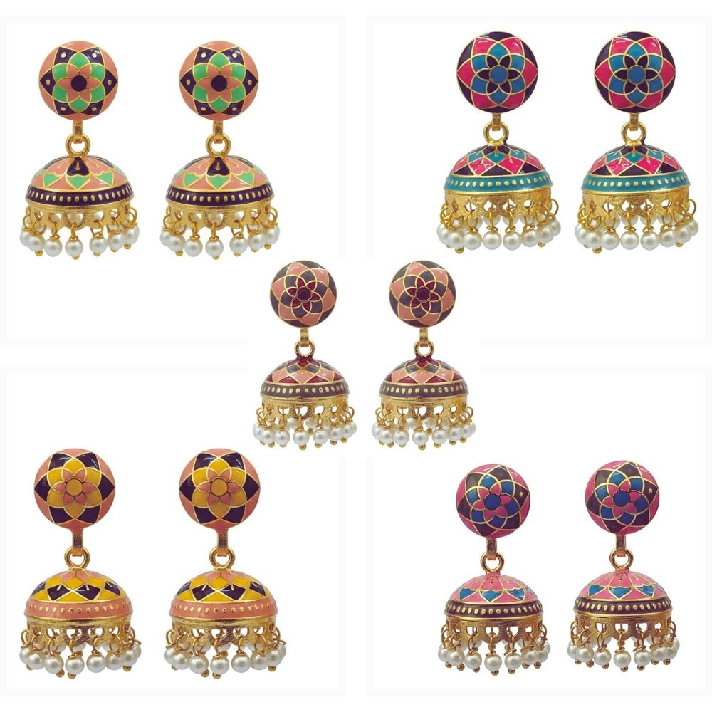 Jewelmaze Traditional Assorted Meenakari Jhumki Earrings Combo – 5 Pairs Set