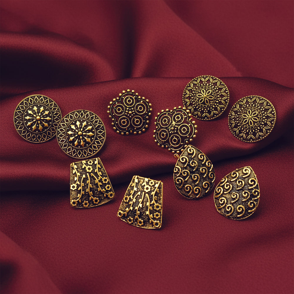 JewelMaze Set of 5 Antique Gold Plated Stud Earring Combo