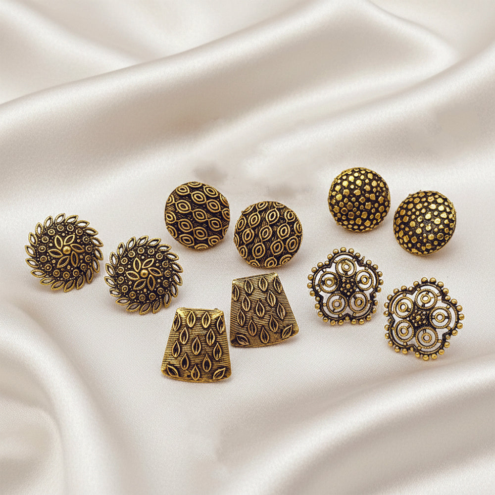 JewelMaze Set of 5 Antique Gold Plated Earring Stud Combo