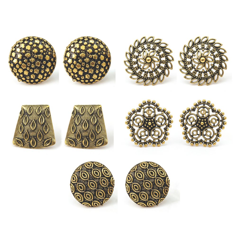 JewelMaze Set of 5 Antique Gold Plated Earring Stud Combo