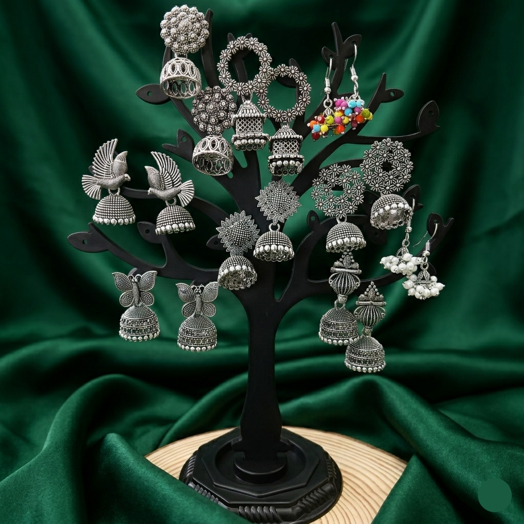 JewelMaze Set of 9 Oxidised Earrings Combo With Tree Stand