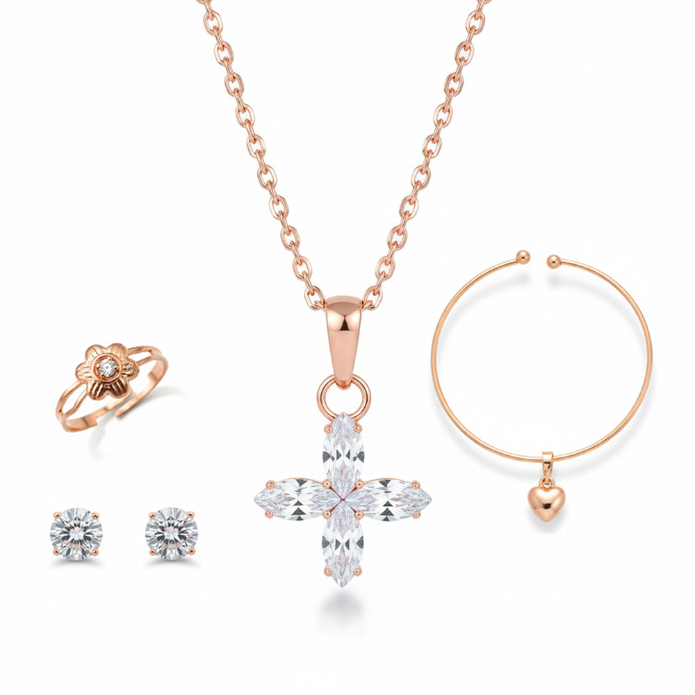 JewelMaze Rose Gold Plated Chain Pendant Earrings Rings And Bracelet Jewellery Combo Set