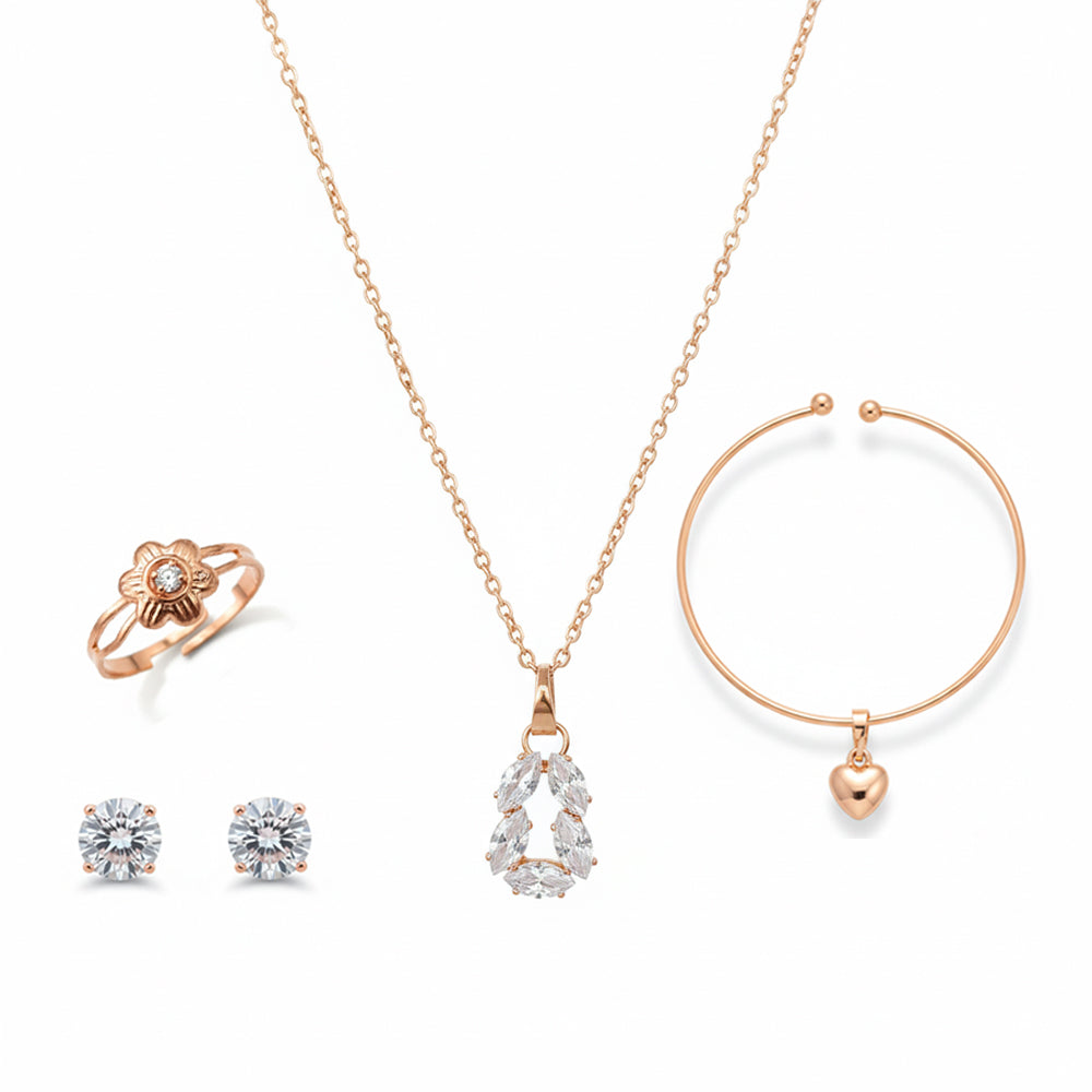 JewelMaze Rose Gold Plated Chain Pendant Earrings Rings And Bracelet Jewellery Combo Set