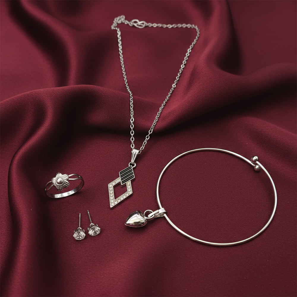 JewelMaze Silver Plated Chain Pendant Earrings Rings And Bracelet Jewellery Combo Set