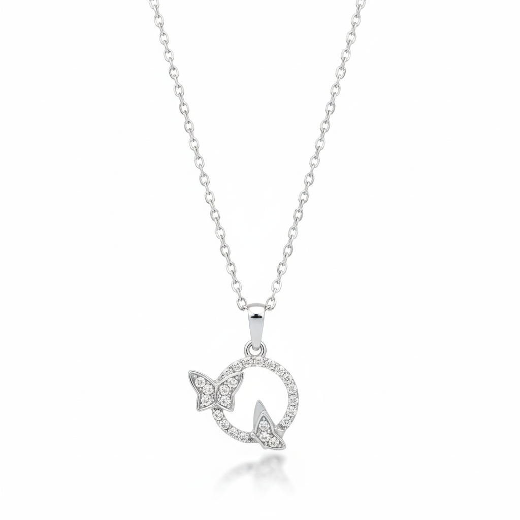 JewelMaze Silver Plated Butterfly Chain Pendant Earrings Rings And Bracelet Jewellery Combo Set