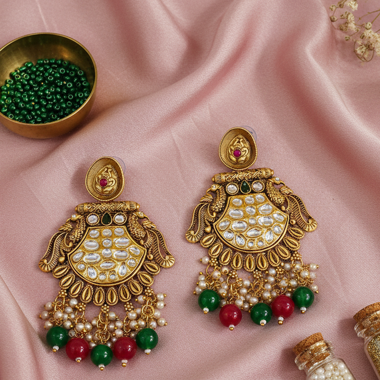 Jewelmaze Copper Finish Kundan & Pearl Dangler Earrings for Women