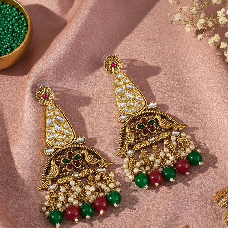 Jewelmaze Copper Finish Kundan & Pearl Dangler Earrings for Women