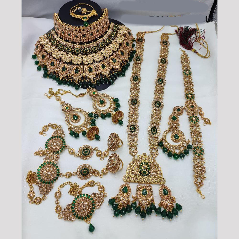 JewelMaze Gold Plated Crystal Stone And Beads Bridal Set